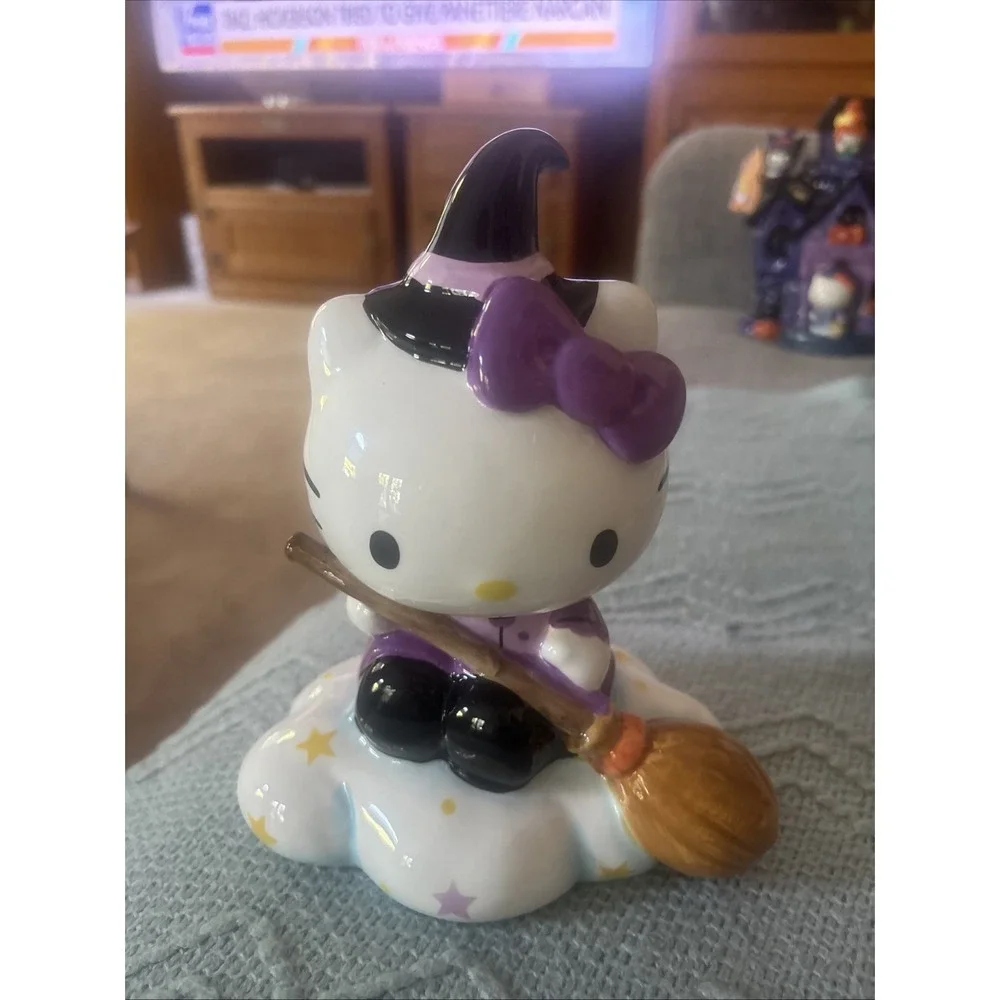 Hello Kitty Halloween Flying Witch Figurine Décor Broom Ceramic Blue Sky New